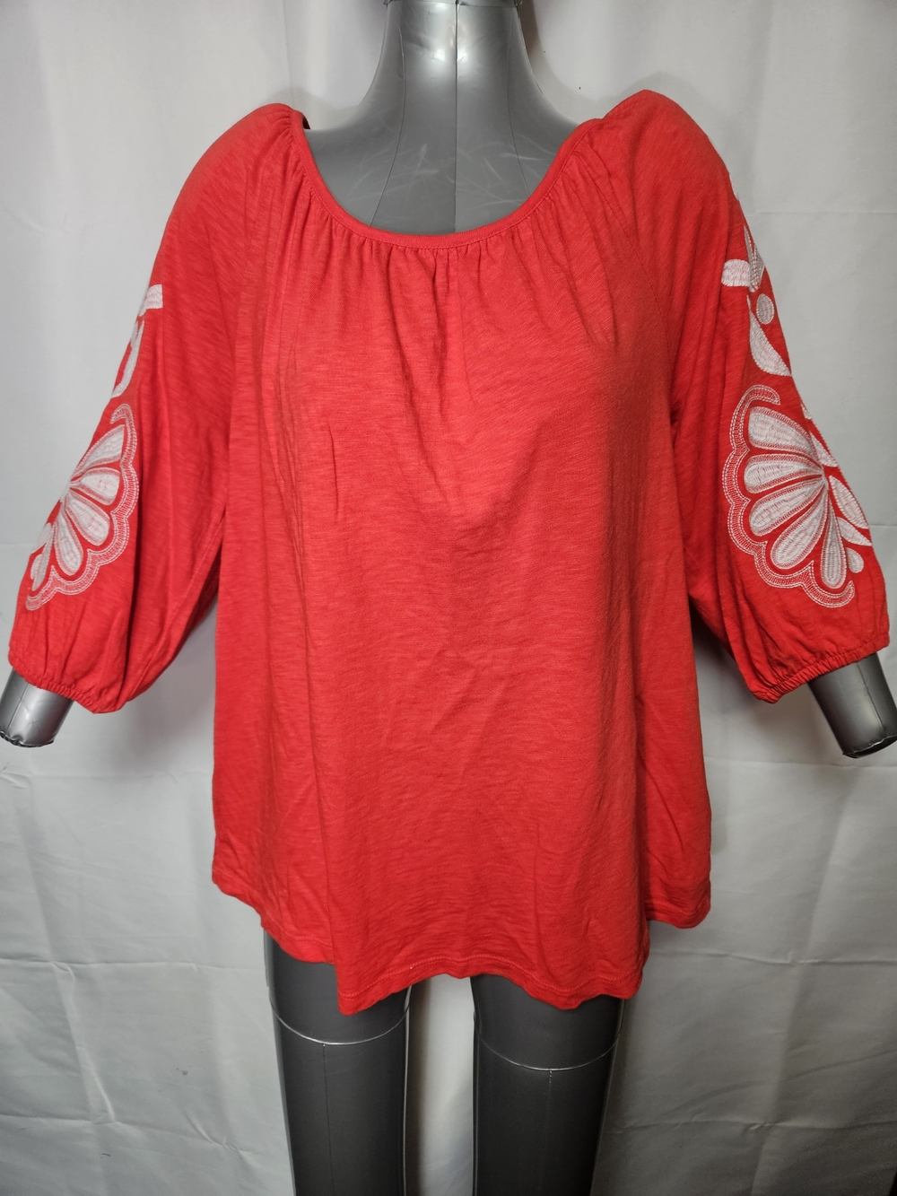 Talbots Red 1X Embroidered Sleeve Peasant Tunic